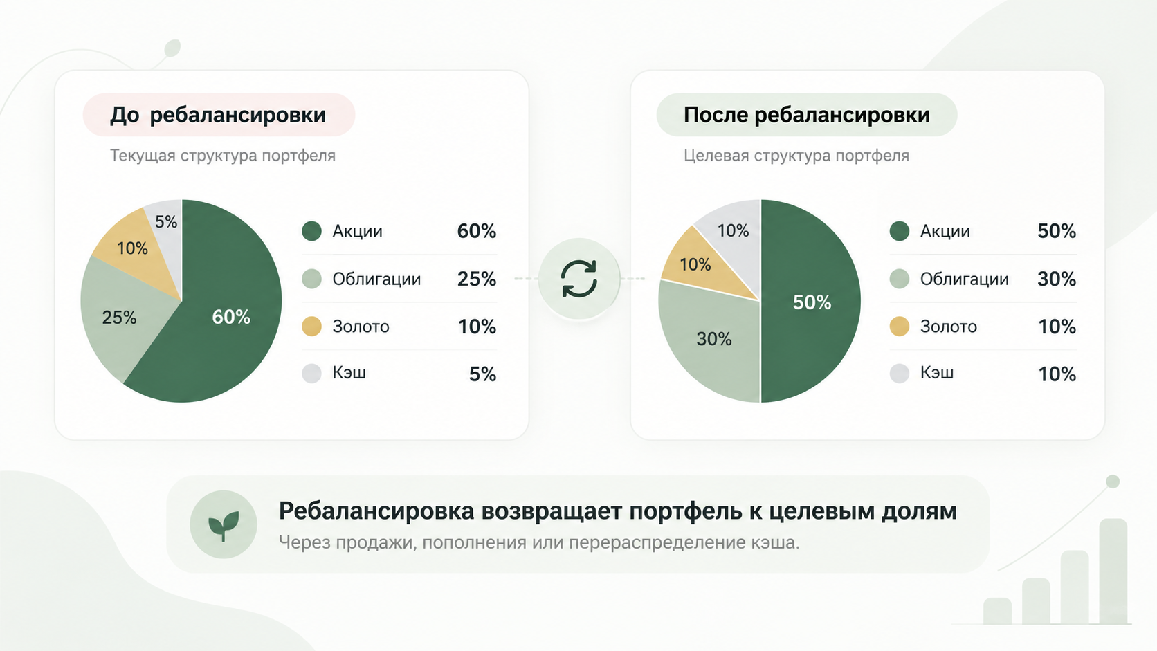 Распределение активов до и после ребалансировки инвестиционного портфеля
